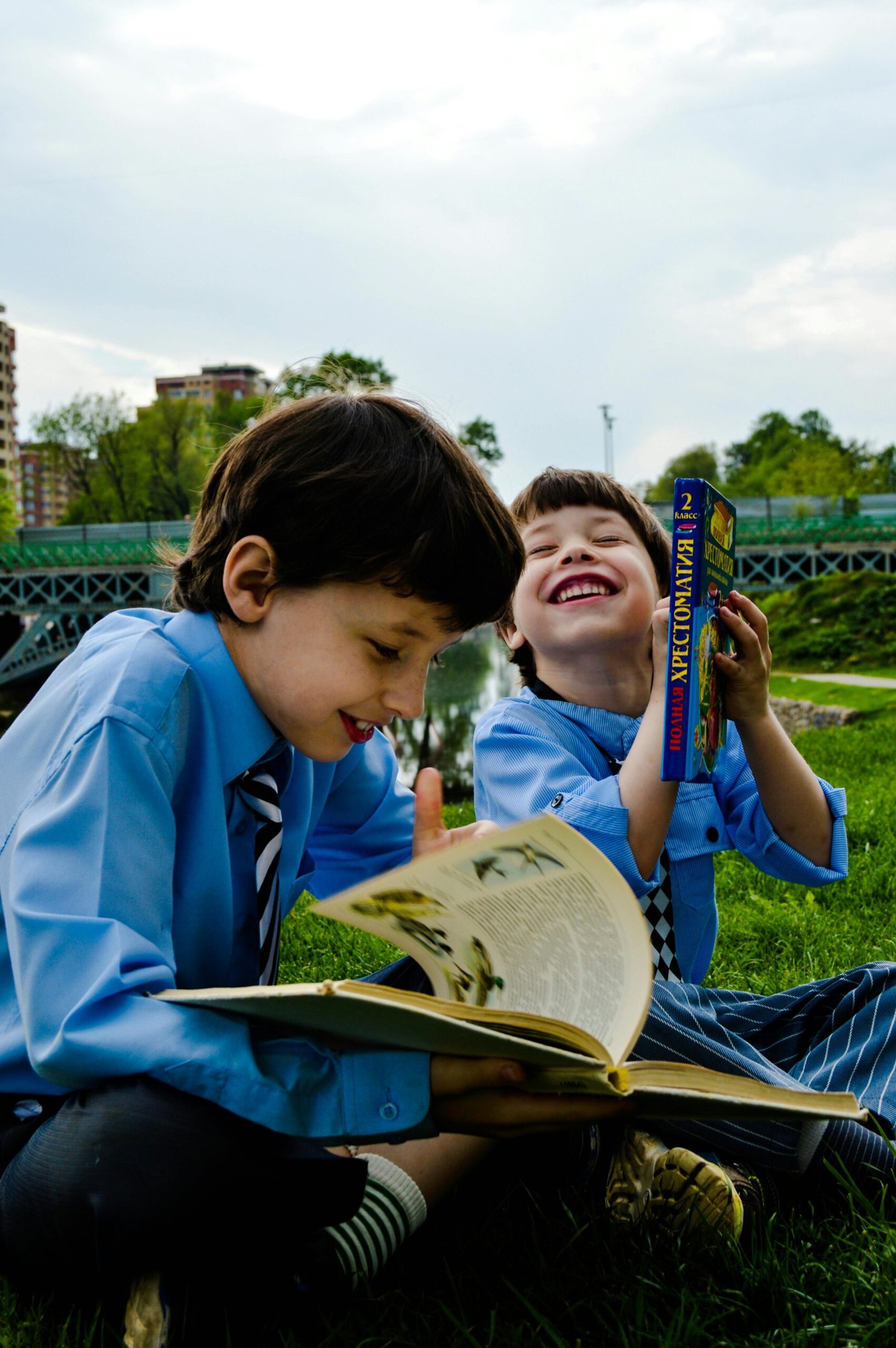 Two brothers enjoying a sunny day in the park, reading and laughing together.